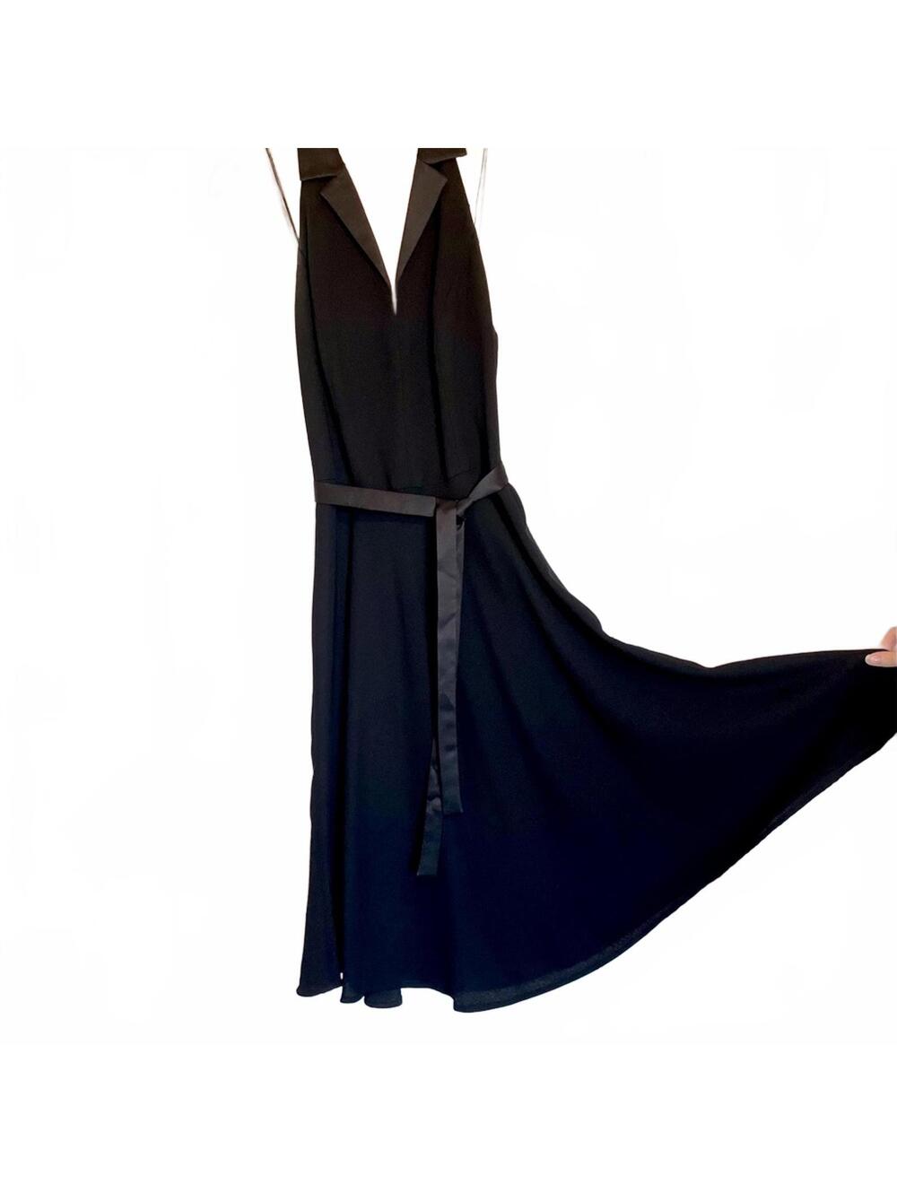 Black backless, midi dress with halter neckline, fit and flare dress